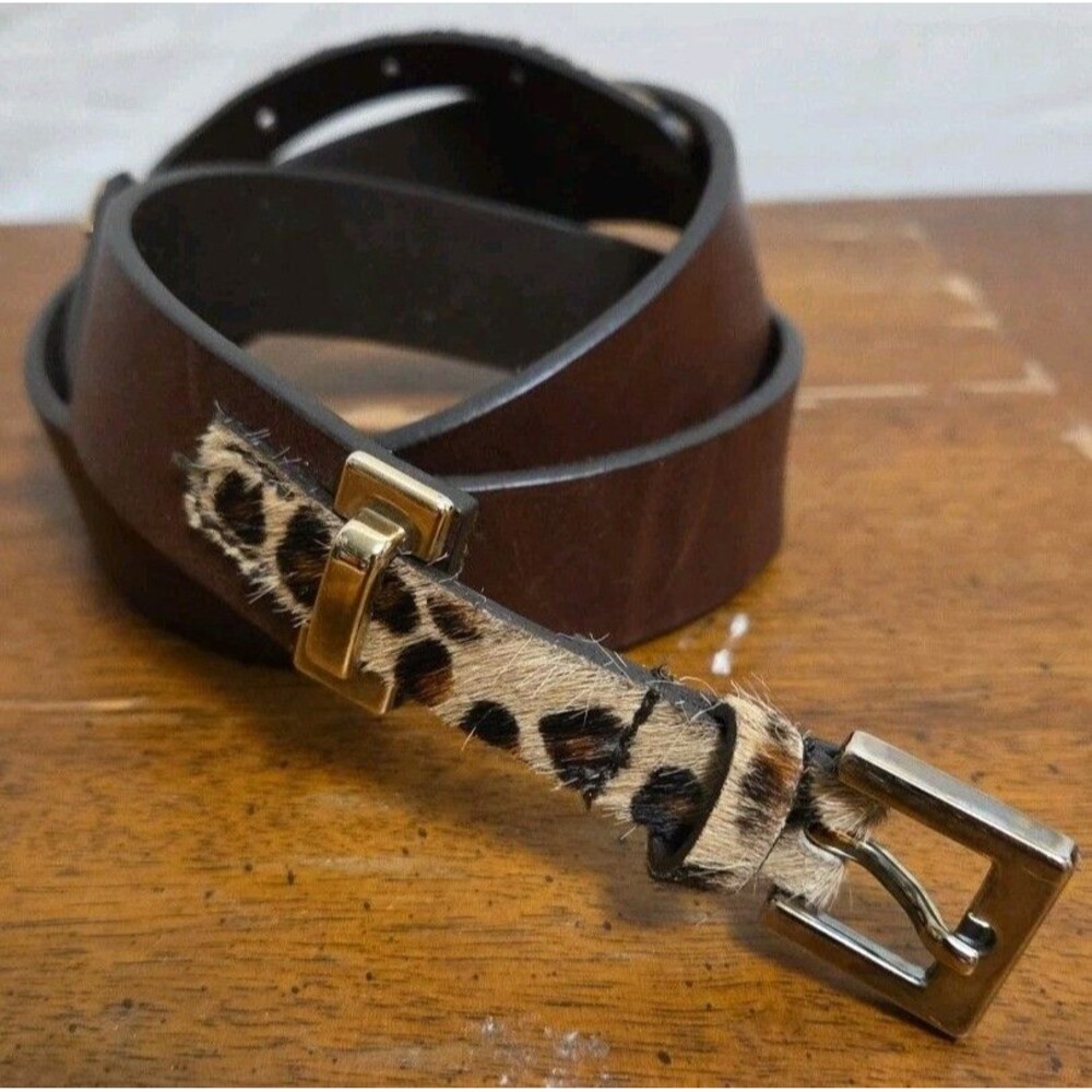 Massimo Dutti Brown Leather Leopard Print Belt 29" Vintage